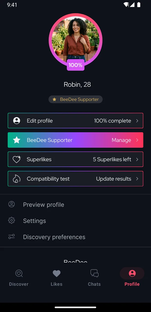 The BeeDee profile screen